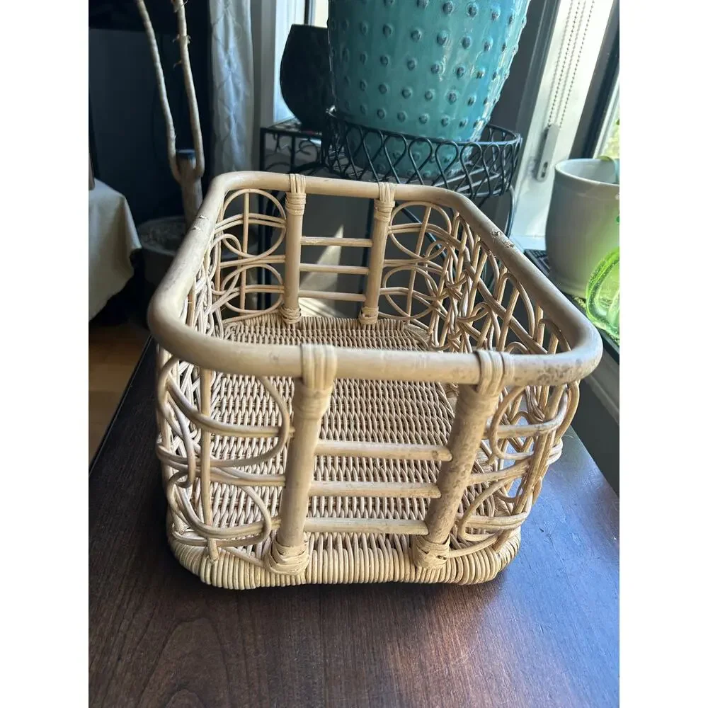 Vintage Wicker Basket Rattan MCM Bamboo Caddy Carrier